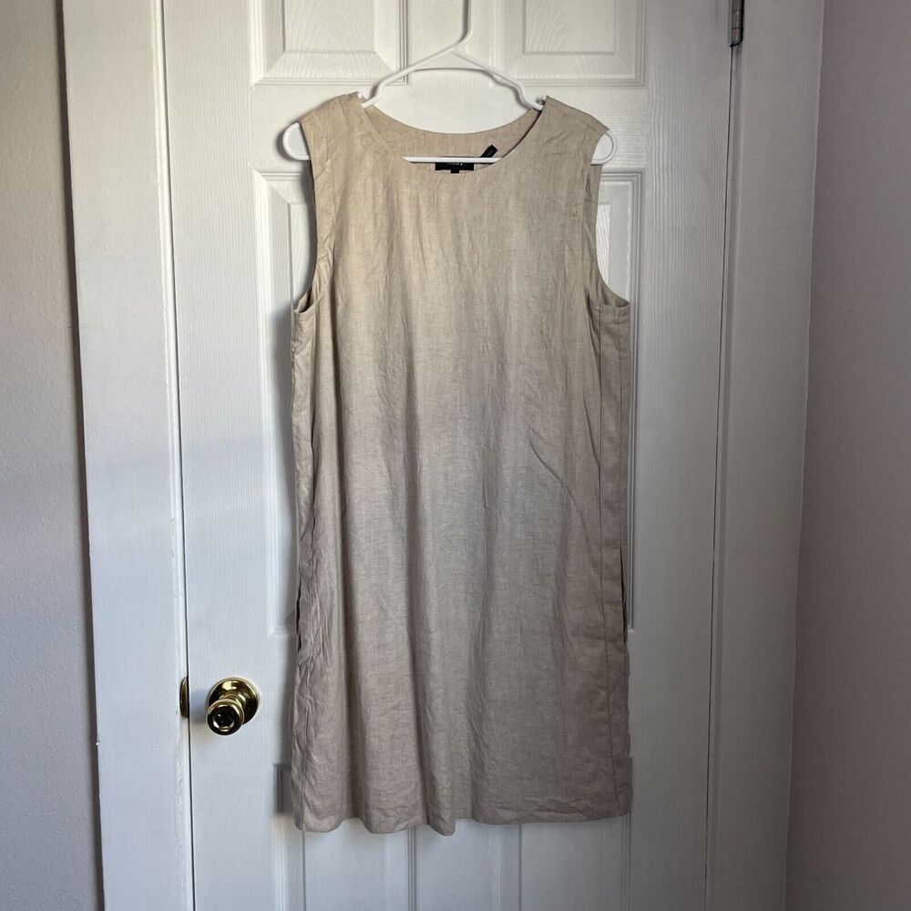 Theory Didianne Tierra Wash Linen Blend Sleeveless Shift Dress Size 12 Beige Tan